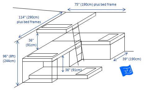 built in bunk beds 4 bunks L,T Overlap