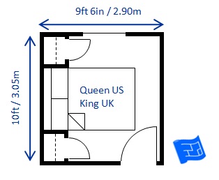 The minimum bedroom size for a queen bed is 9ft 6in x 10 ft (2.9 x 3 ...