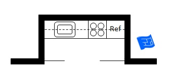 Galley kitchen in an alcove with pocket doors