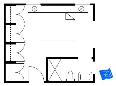 Master bedroom floor plan with bathroom in corner and a wall of wardrobes