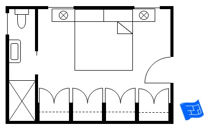 Master bedroom floor plan with side bathroom and perpendicular wall of wardrobes.