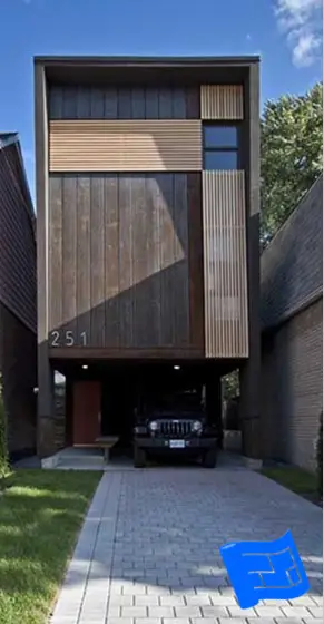 narrow lot house plan with car underneath